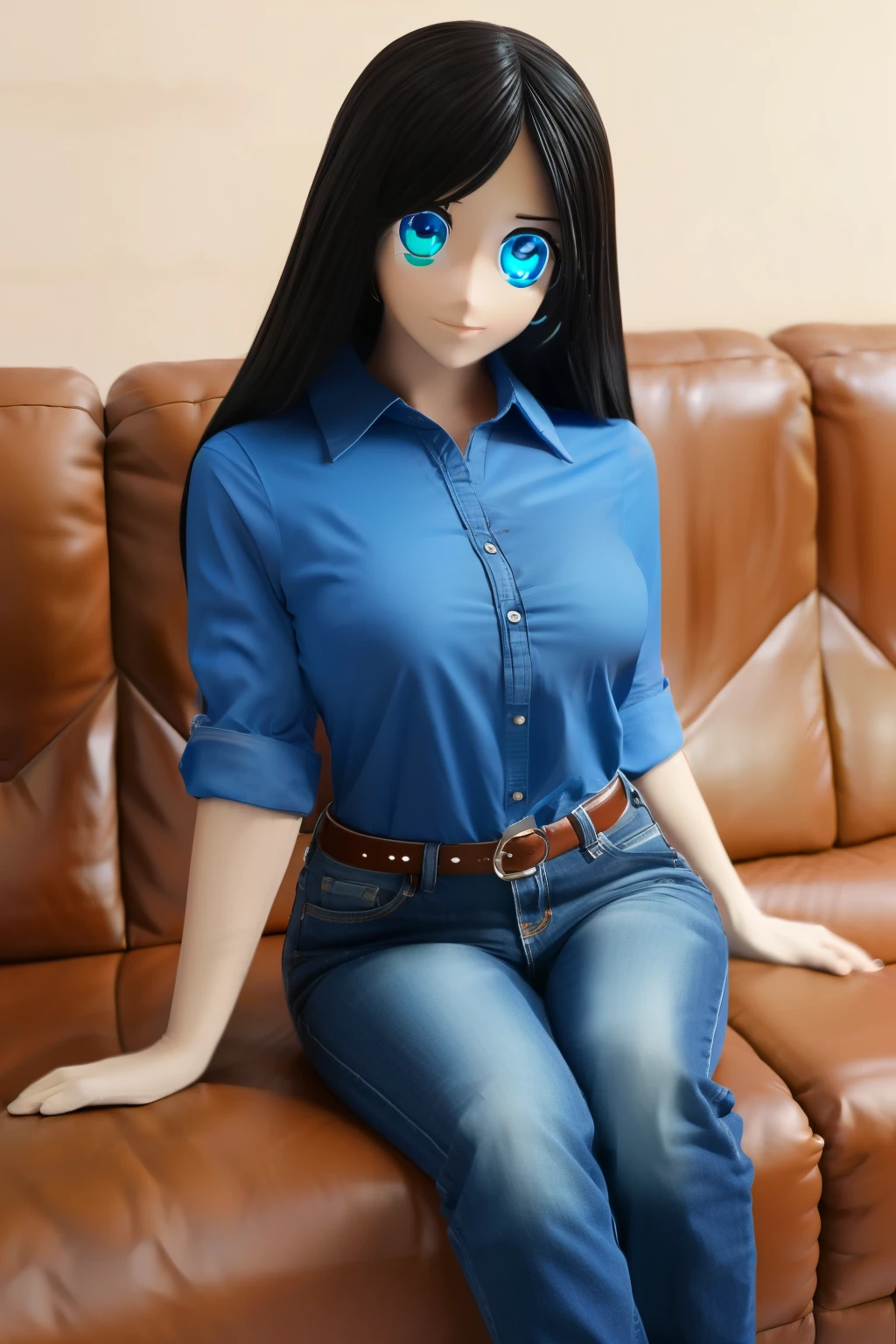 animatronic housewife, black hair, blue eyes, blue shirt, jeans, glowing eyes, on the couch, nsfw