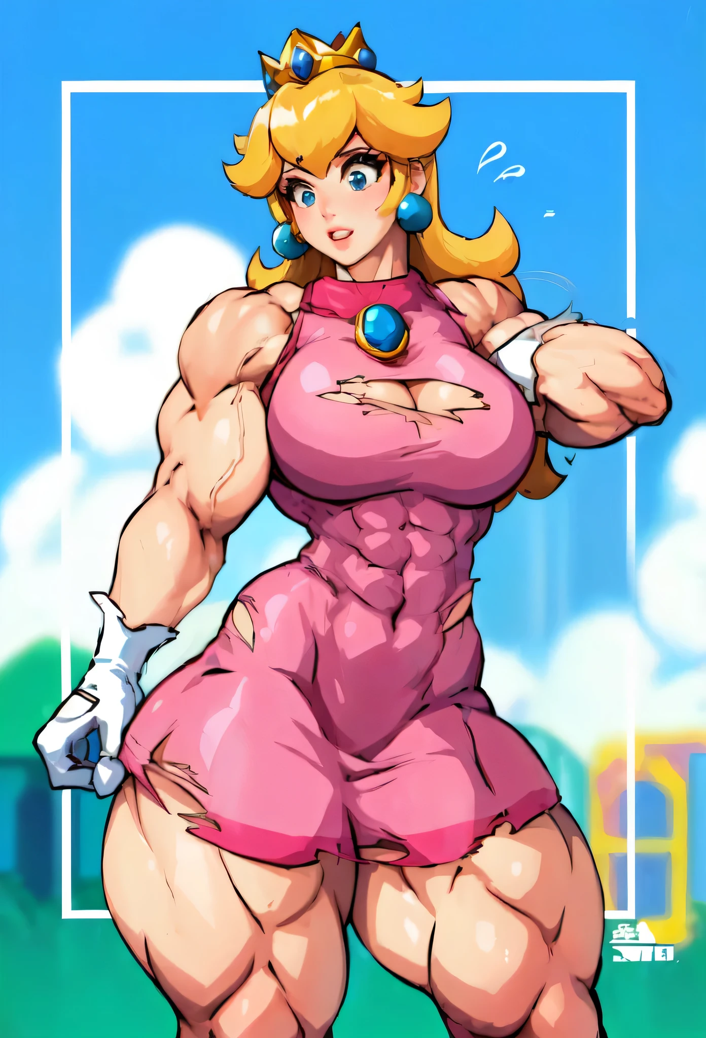 girl,beautiful girl, ,biceps,muscular female, alternate muscle size, princess peach,muscular thighs,muscular shoulder,dress, abs, ,torn clothes ,,realistic light,torn gloves