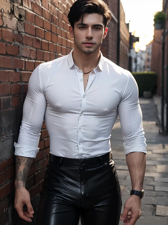 (Masterpiece, Hyperrealistic, 8k, HDR, RAW), ((Natural illumination)), sunset illumination, warm illumination, ((Standing)), (((A dirty brick wall at background))), ((handsome man)), American boy, bad boy, ((Pale skin)), 18 years old, ((White Tight shirt)), ((Black leather trousers)), ((Bulge)), ((Emo shortcut)), ((Toned muscular body)), ((Black hair)), sexy face, sexy grin, perfect anatomy