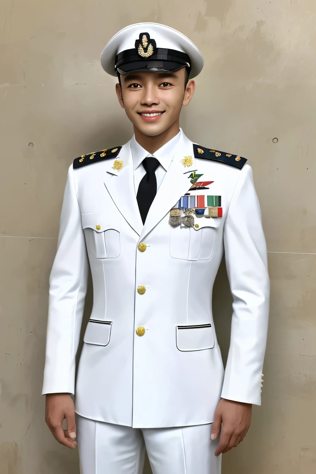 Masterpiece, hd, military uniform, white military uniform, military cap, medals, Jovem militar da marinha , uniforme branco com detalhes azuis , masculin , no centro , Papel de parede UHD , 8k, standing, malay man, smiling, black name tags, white blazer, white collared shirt, black tie
