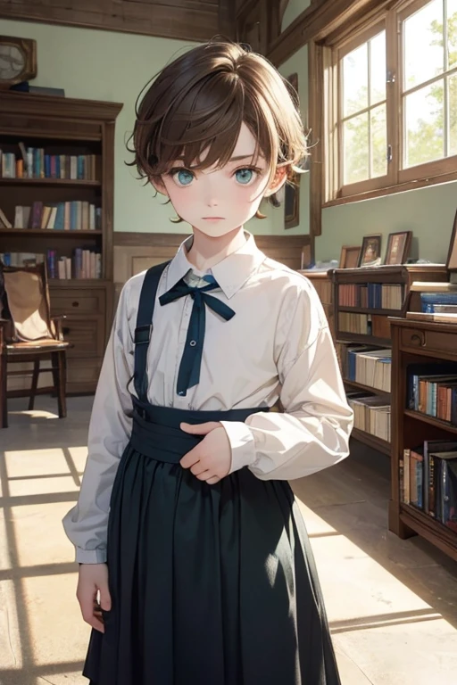 A little kid with short light brown hair and pale skin. Green eyes with a bit of blue. And they are looking curious and clothed in a bookish style. They are androgynous
