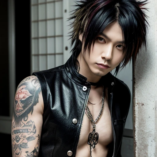1 japanese male rocker, asien eyes, Visual Kai hairstyle, ultra detailed face, body and eyes, hyperrealistic, realistic representation, muscular, broad shoulders, tattoos gothic style, Visual Kei style, 30 years old, age 30, outfit gothic streampunk, men's shirt and black pants, rocker outfit, black and blond hair, full body 