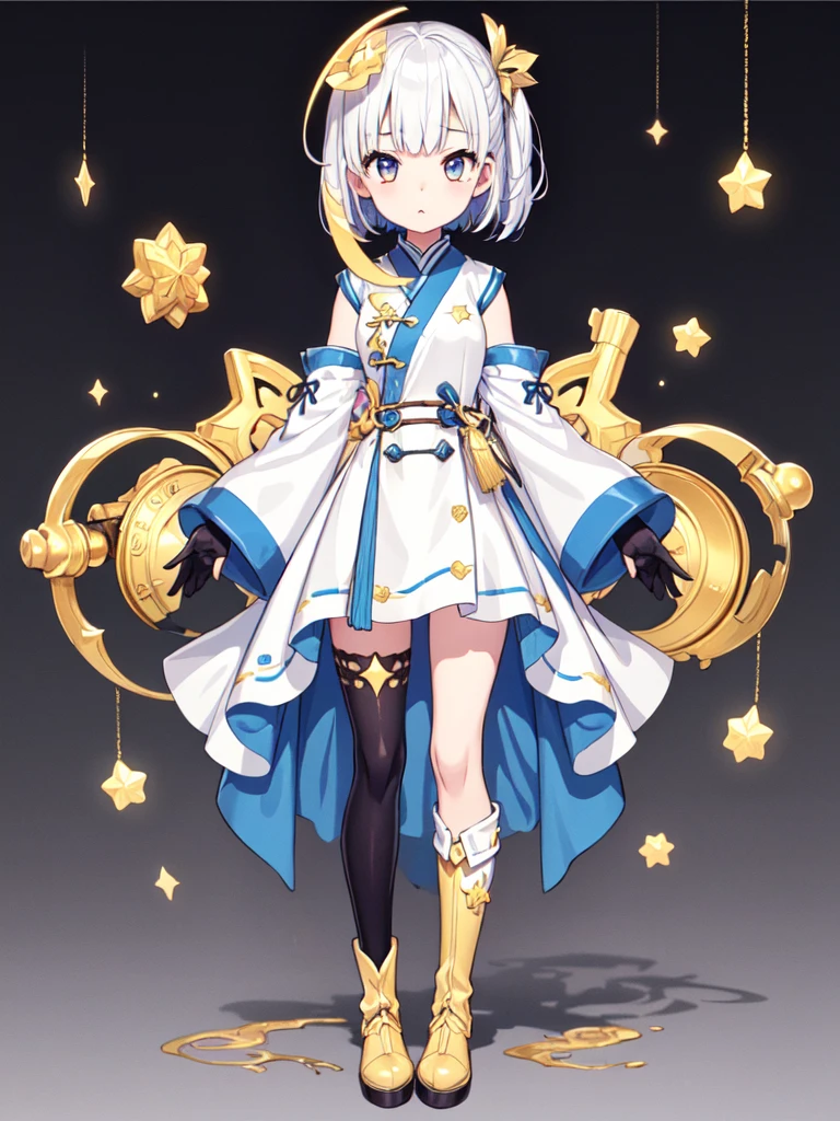 (((1girl)))、starの妖精、vtuber-fullbody、(((highest quality、Masterpiece、The best composition、Golden Ratio、Official Art、Super detailed、Super detailedな目)))、ultra detailed, from front, headshot、 White hair color、Short bangs above eyebrows、Short Hair、Standing in front of the viewer、着物とゴスロリをリメイクしたMilky Way柄の洋服、The sleeves are long and the hands are hidden、Knee-high boots、Pure white simple background、star、Milky Way、universe、流star群、