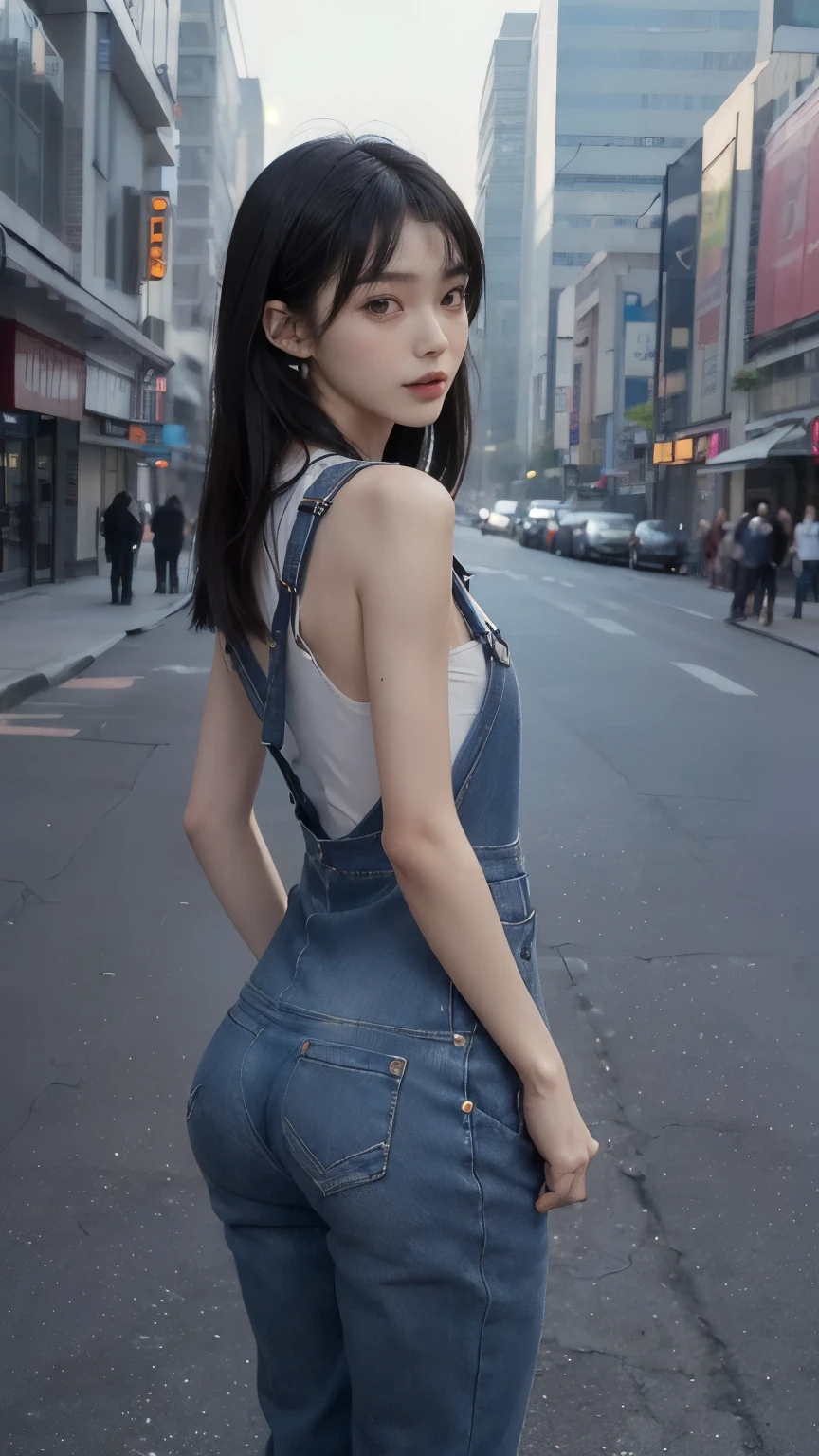 ((In the city:2.0)), ((Backwards:2.0, Point your ass to the camera:2.0, Accentuate your butt:1.8)), ((overalls:2.0)), (Clothing:2.0, overalls:2.0, Sleeveless T-shirt:1.8, sneakers:1.5), ((In the city:2.0)), ((A grin:1.2, Small breasts:1.5, slender:1.5, Small Ass:1.5)), ((Japanese, 1 Girl, 18-year-old, 7 heads, Ideal body proportions, Black Hair, With bangs, Small breasts, Erect nipples, slender, Small Ass, Beautiful feet, Skinny Legs)), Surrealism, Cinematic Lighting, Depth of written boundary, First Person View, Boobs F/1.8, 135mm, Ticker, Mastepiece, Curate, ((Anatomically correct:1.3)), Textured skin, Super Detail, High detail, High quality, Awards, Best Quality, High resolution, 8K