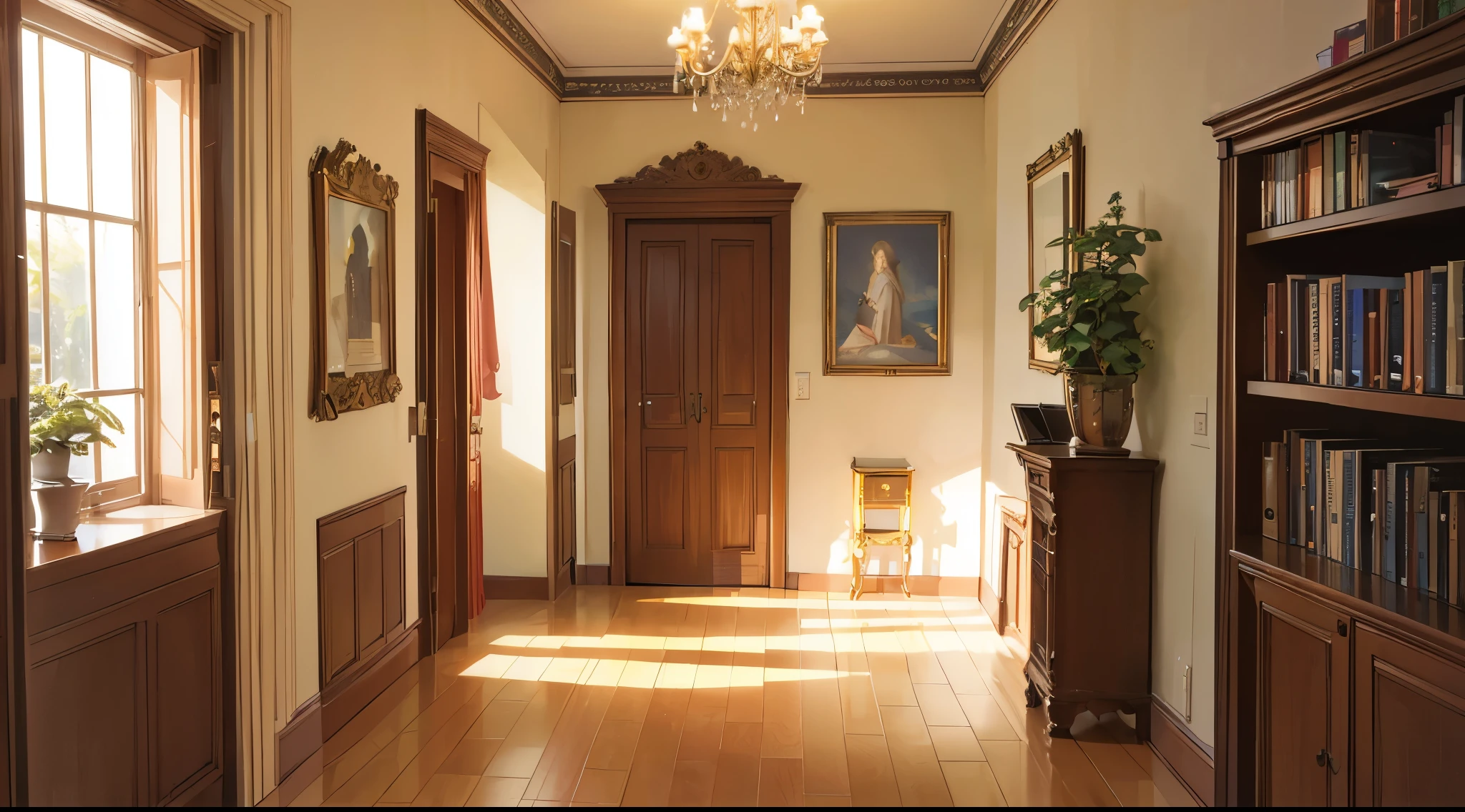 (Best quality, 4K, 8K, high resolution, masterpiece: 1.2), extremely detailed, (no one: 1.5), Bedroom corridor, corridor, indoor,cozy indoor, Lamp, bookshelf, potted plant