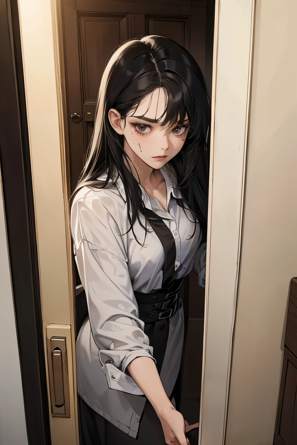 ((best quality)), ((masterpiece)), (detailed), Perfect face，A black-haired female killer with bruises all over her body，Observe the situation inside the room from outside the door