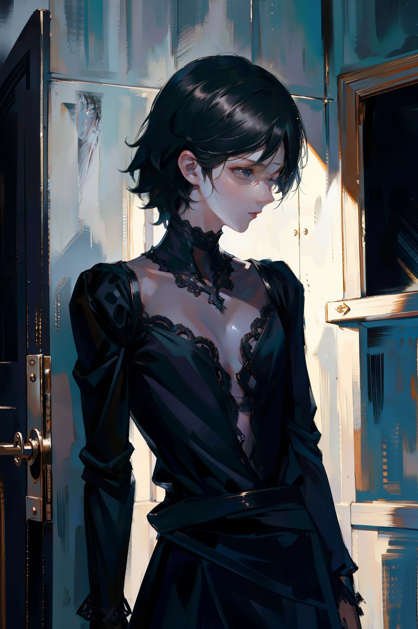 ((best quality)), ((masterpiece)), (detailed), Perfect face，A black short-haired man with bruises all over his body，Observe the situation inside the room from outside the door