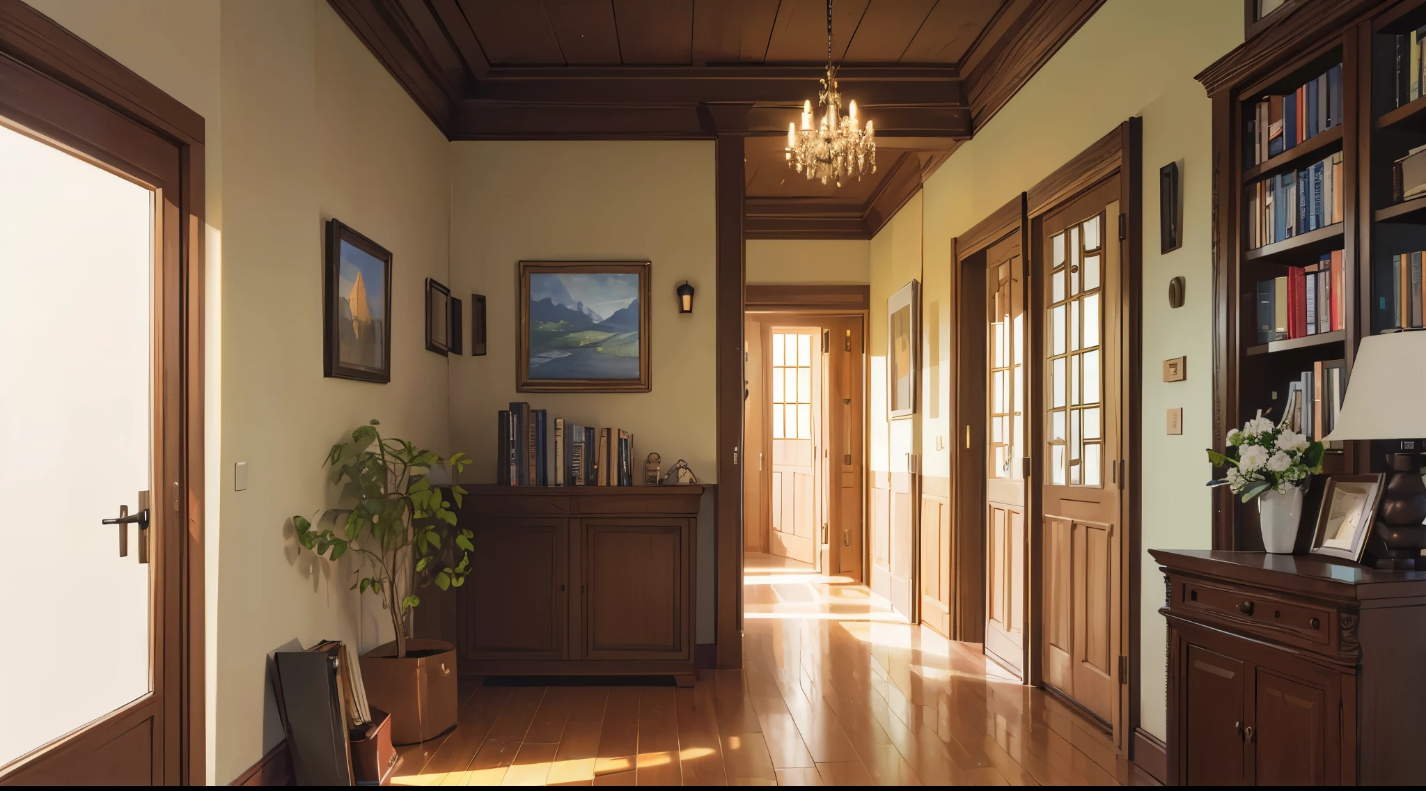 (Best quality, 4K, 8K, high resolution, masterpiece: 1.2), extremely detailed, (no one: 1.5), Bedroom corridor, corridor, indoor,cozy indoor, Lamp, bookshelf, potted plant