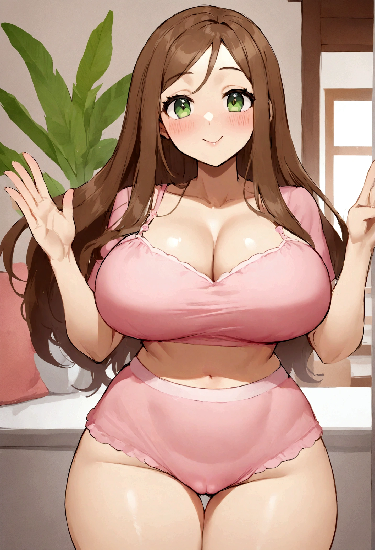 Show me a 23 year old Colombian woman, long brown hair, light green eyes, wide hips, small waist, large bust and big buttocks wearing a short pink sleepwear