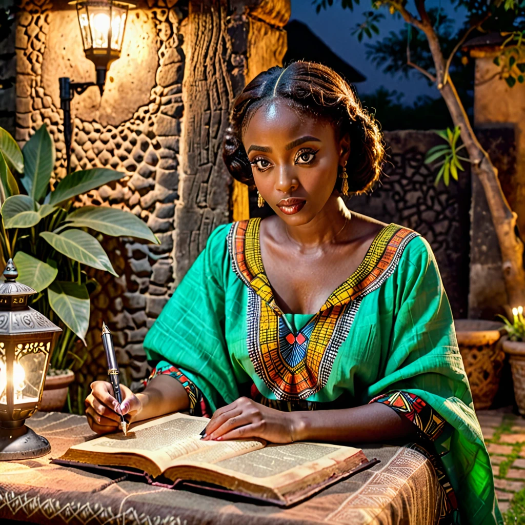 A photo of a beautiful woman in a african clothes looking at ancient african book under lamp on a low table in garden surrounded by old walls in a peaceful night,((her right hold a pen and her left hand place on table)),((masterpiece)),realistic,4k,extremely detailed,((beautiful big eyes))