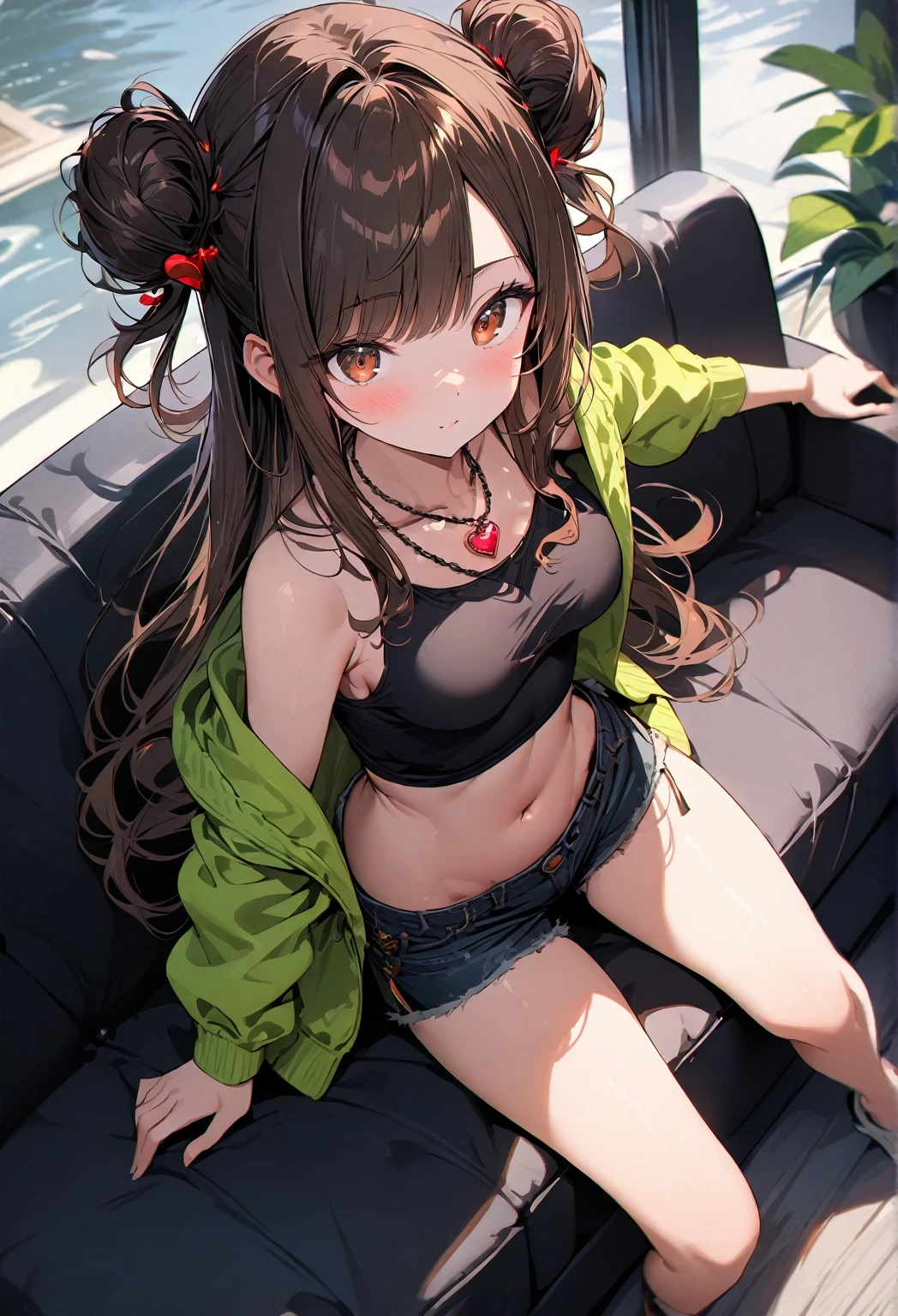 1girl, (best quality, top details, high quality, detailed, highest quality, recent, greater quality, highres, ultra fine painting, (masterpiece:1.2)), digital art, 8k resolution, from above, detailed background, high resolution, epic lighting, RAW photo, POV, sharp focus, professional photography, good lighting, soft light, soft colors, looking at viewer, detailed lights and shadows, niji style, stylish, ultra, ultra-detailed, trending art, master crafted, blurry background, pose, dynamic position, posing, dynamic pose, (top quality, (details:1.37)) , solo, (medium breasts:1.2), tight bust, flushtered, casual, innocent face, (cute, slim, nice hips, nice body), brown hair, (long flowing hair:1.3), twin buns hairstyle, long bangs, long hair, middle hair bangs, brown eyes, full body, ((tight black string tanktop:1.2), tummy skin, off shoulder open green hoodie, shorts, one big red gem heart necklace, sitting on a couch)
