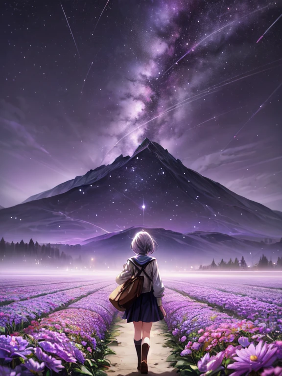 There is a girl standing in a flower field looking up at the sky, a girl standing in a flower field, girl walking through a flower field, lost in a fairytale wonderland, standing in a flower field, Fantastic digital painting, The sky is gradually clearing, The starry sky is gradually receding, anime, BREAK