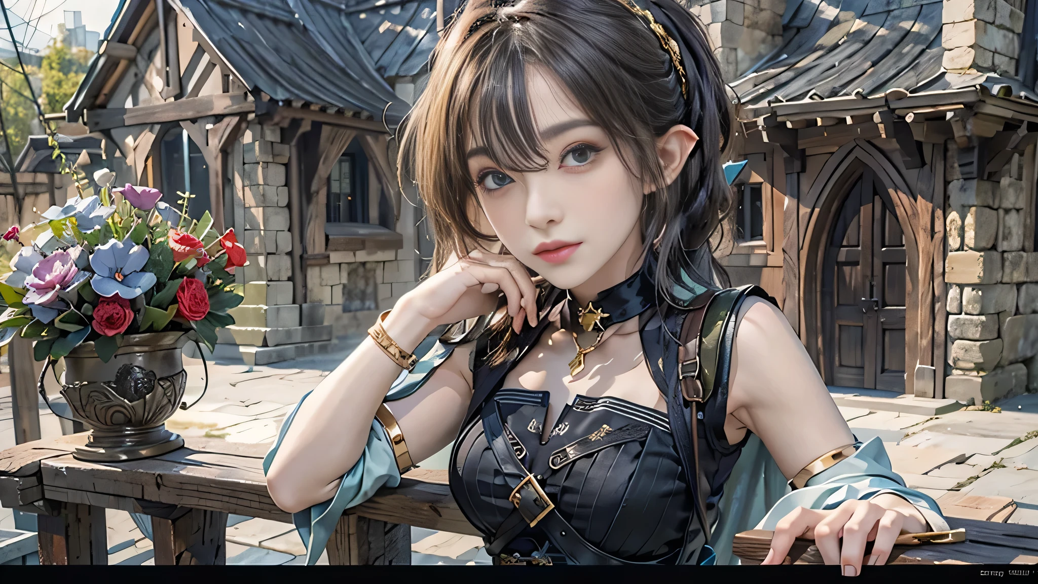 masterpiece, best quality, 1girl, solo, blue eyes, black choker, arm strap, armlet, black dress, halter dress, belt, sleeveless, single glove, thigh strap, medieval village, head rest, smile, purple and short hair, face forward, Fishnet tights, boot, toes, masterpiece, best quality, elf girl, solo, blue eyes, black choker, arm strap, armlet, green dress, big butterfly wings, halter dress, belt, sleeveless, single glove, thigh strap, sitting, on bench, medieval village, head rest, smile, gold and long hair, face forward, boots, sitting, on bench,