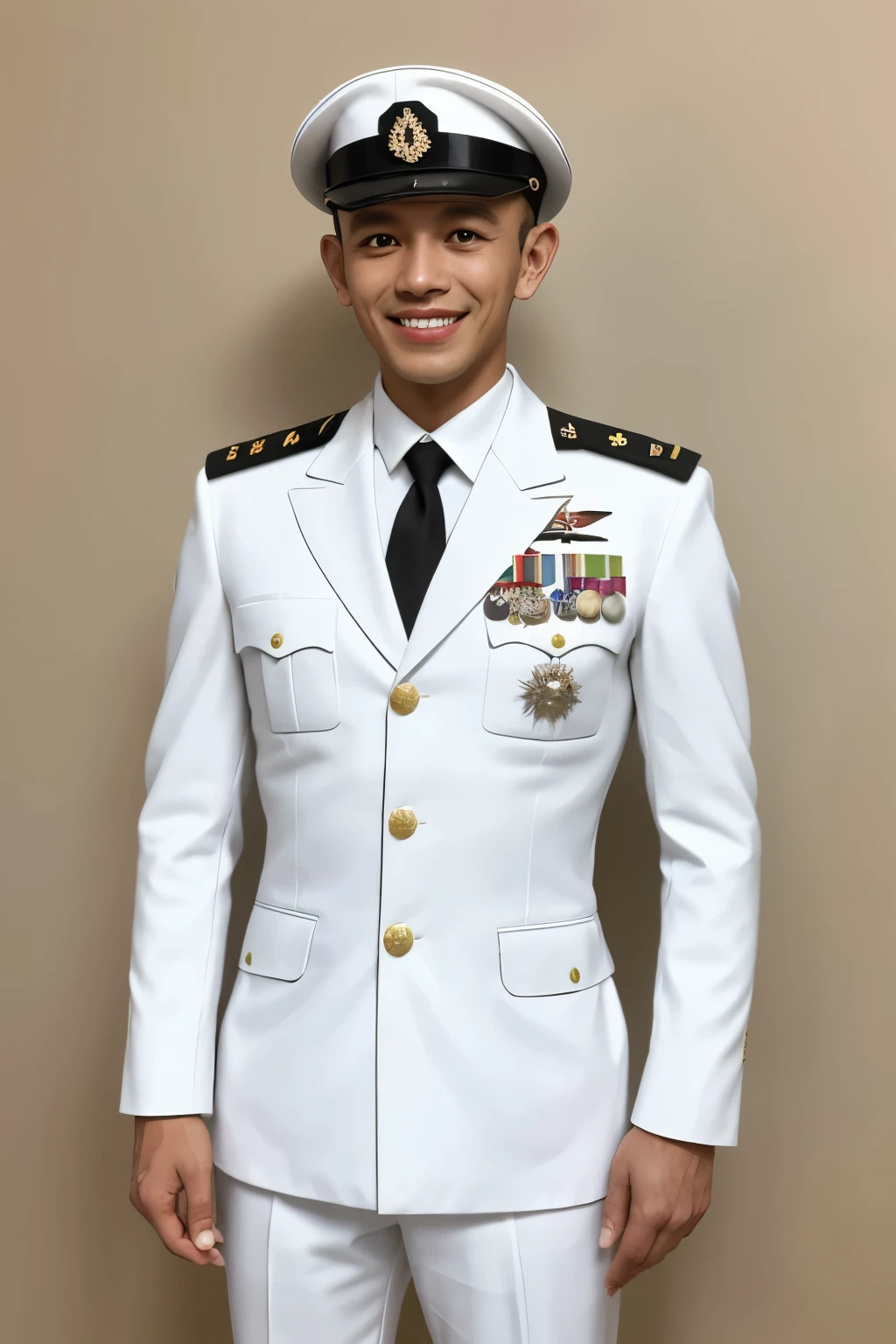 Masterpiece, hd, military uniform, white military uniform, military cap, medals, Jovem militar da marinha , uniforme branco com detalhes azuis , masculin , no centro , Papel de parede UHD , 8k, standing, malay man, smiling, black name tags, white blazer, white collared shirt, black tie, 50 years old