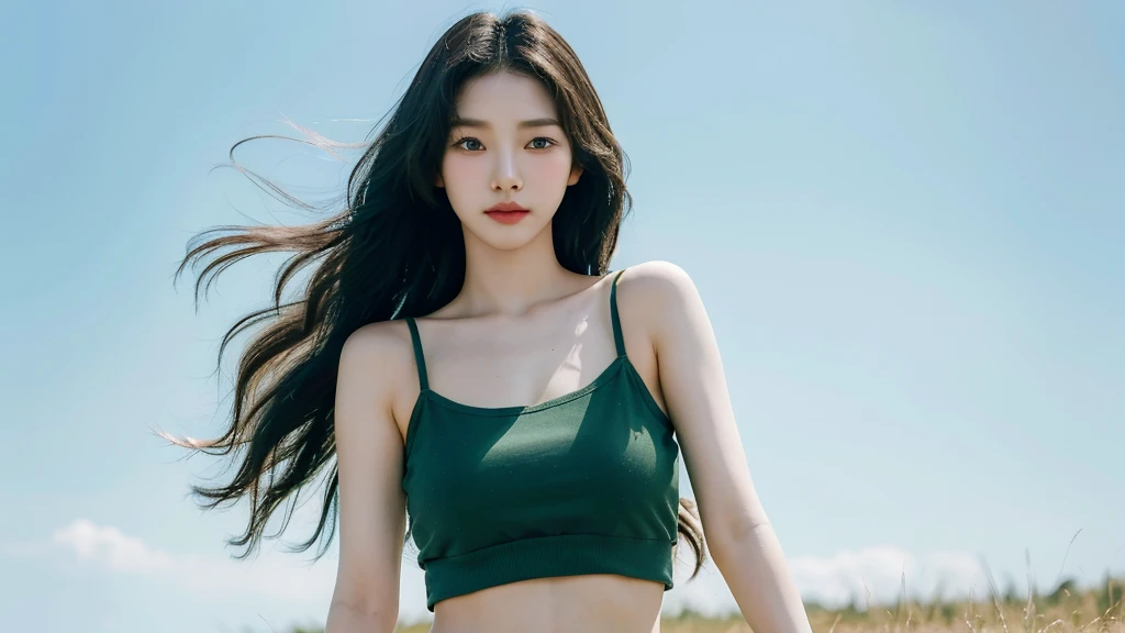 Close-up shot of young Korean woman standing in green field, beautiful girl, The wind is blowing strong., sunlight, clear sky, white tank top, Lift one arm beside your head., shoulder, armpit, collarbone, (big breasts : 1.3), abdomen, navel, shorts