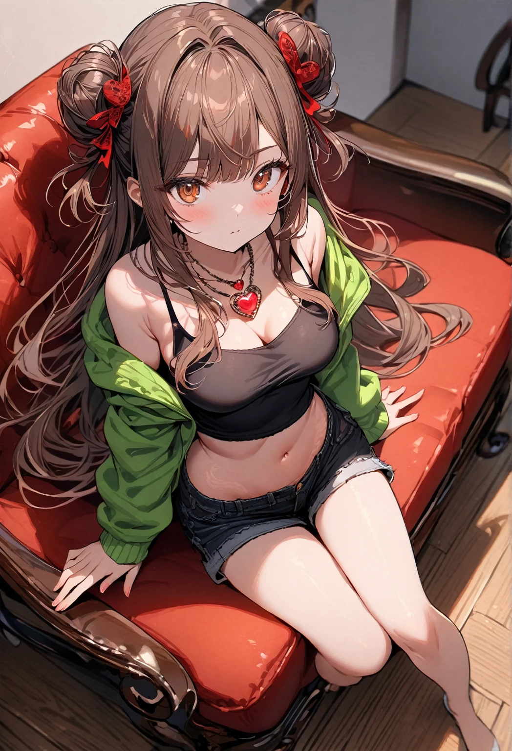 1girl, (best quality, top details, high quality, detailed, highest quality, recent, greater quality, highres, ultra fine painting, (masterpiece:1.2)), digital art, 8k resolution, from above, detailed background, high resolution, epic lighting, RAW photo, POV, sharp focus, professional photography, good lighting, soft light, soft colors, looking at viewer, detailed lights and shadows, niji style, stylish, ultra, ultra-detailed, trending art, master crafted, blurry background, pose, (top quality, (details:1.37)) , solo, (medium breasts:1.2), tight bust, flushtered, nice hips, nice body, casual, innocent face, cute, teen, slim, brown hair, (long flowing hair:1.3), twin buns hairstyle, long bangs, long hair, middle hair bangs, brown eyes, full body, ((tight black string tanktop:1.2), tummy skin, off shoulder open green hoodie, shorts, one big red gem heart necklace, sitting on a couch)