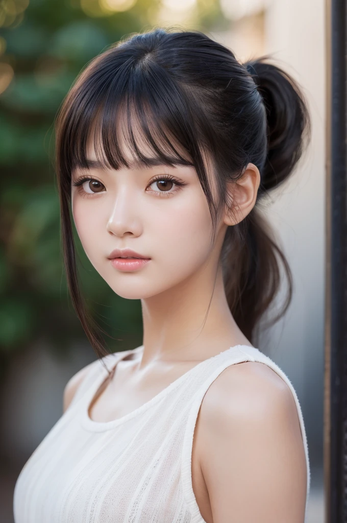 (High resolution:1.3), (16k, Photorealistic, Raw photo, Best image quality: 1.4), Japanese, (One Girl), Beautiful Face, (A vivid face), (Black-haired、ponytail:1.3、bangs:1.2), (Black Eyes 1.3), Beautiful Hairstyles, Realistic eyes, Beautifully detailed eyes, (Realistic Skin), Beautiful skins, attractive, 超A high resolution, Surreal, High detail, Golden Ratio, Highly detailed cute girl,(20-year-old)