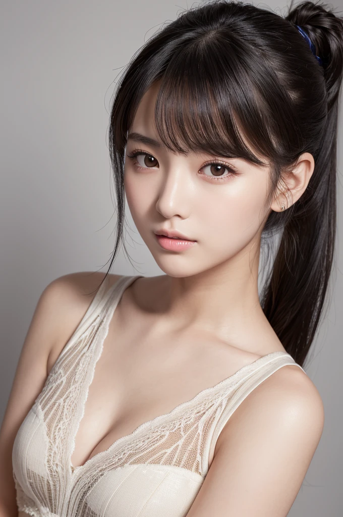 (High resolution:1.3), (16k, Photorealistic, Raw photo, Best image quality: 1.4), Japanese, (One Girl), Beautiful Face, (A vivid face), (Black-haired、ponytail:1.3、bangs:1.2), (Black Eyes 1.3), Beautiful Hairstyles, Realistic eyes, Beautifully detailed eyes, (Realistic Skin), Beautiful skins, attractive, 超A high resolution, Surreal, High detail, Golden Ratio, Highly detailed cute girl,(20-year-old)