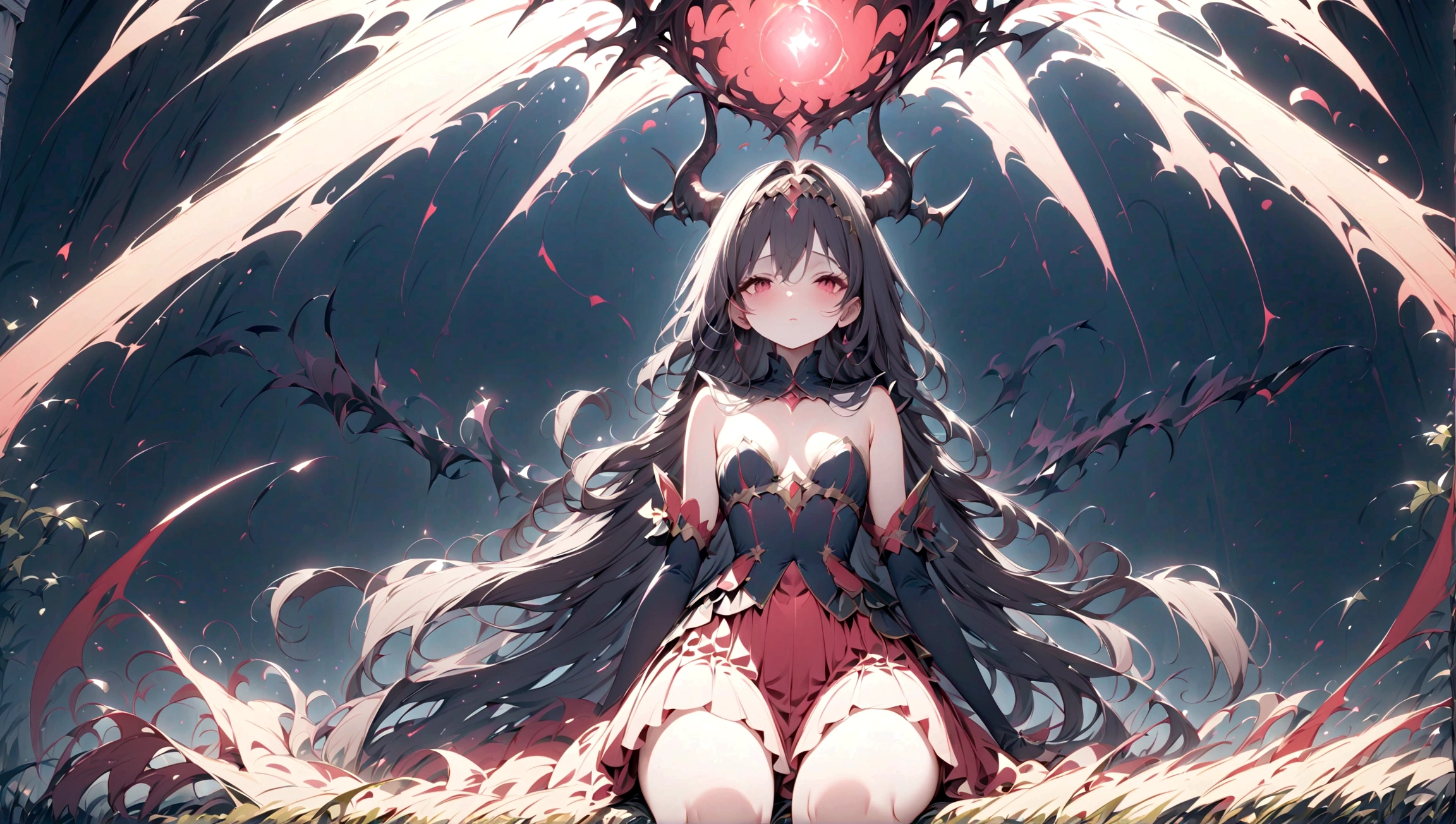 masterpiece, best quality, masterpiece, (1girl), (LLChar), evil witch, dark energy, void, empty eyes, (extremely evil), dark magic, dark forest, negaive energy, hell, void, stars, black hair,