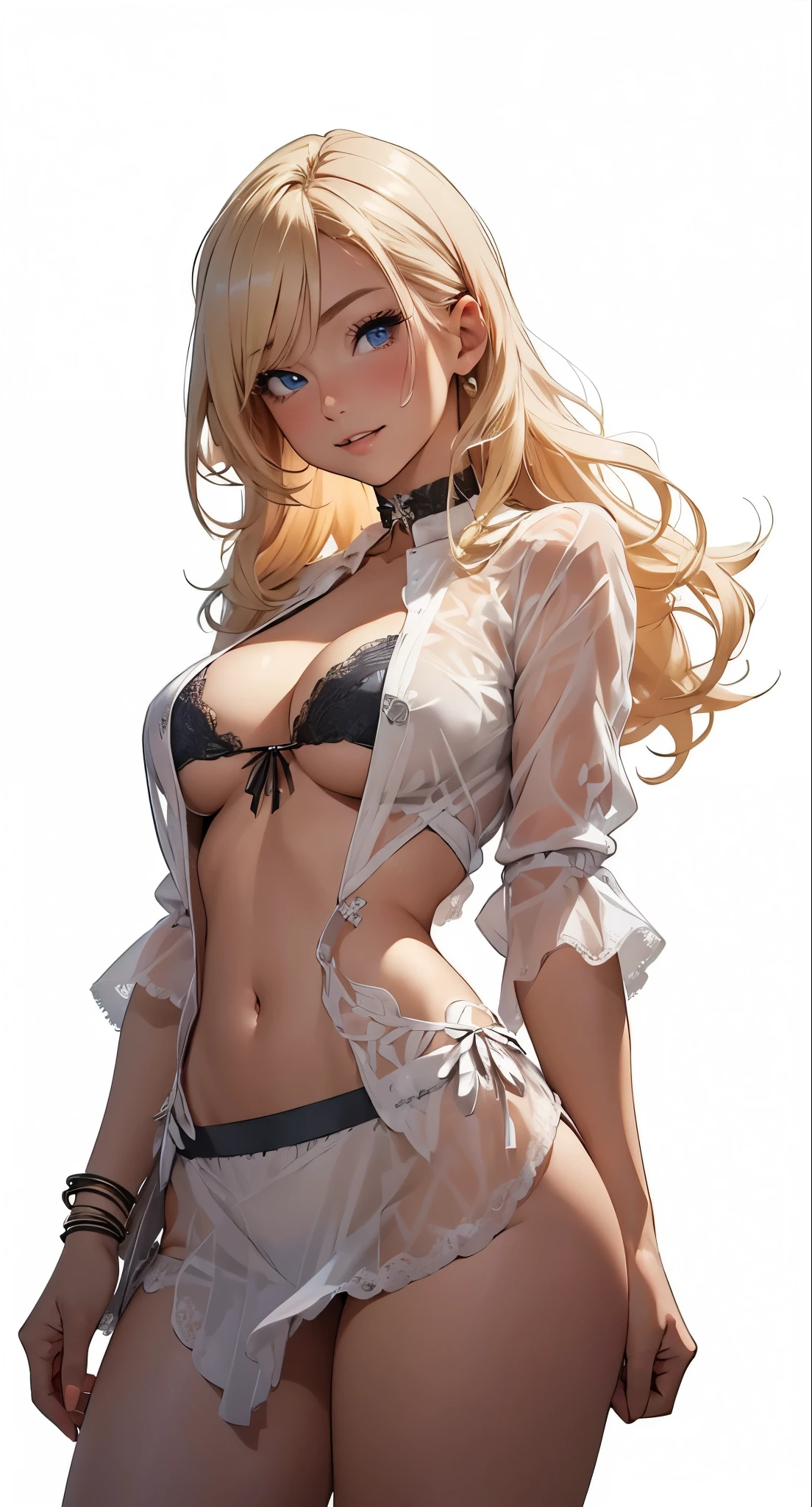 (Animation style), (Lace underwear:1.2),No skirt,masterpiece, the best quality, extremely detailed, sparkling, glowing lights, 1girl,(perfect face, meticulous face, meticulous eyes), breasts, solo, blonde hair, navel, long hair, white background, blue eyes, simple background, open clothes, looking at viewer, smile, choker, white shirt, blush, medium breasts, cleavage, gyaru, stomach, thighs, bikini top only,