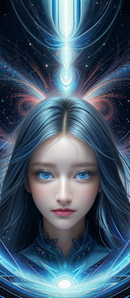 (Masterpiece, Top quality, Best quality, offcial art, Beauty and aesthetics: 1.2), (1 girl), Extreme detail, (((Vitreous blue eyes))),Sharp focus,(Fractal art: 1.3), Extremely colorful, suprem details, Perfect face, sportrait, hdr, starrysky, meteors, Light stripes, surrealism.