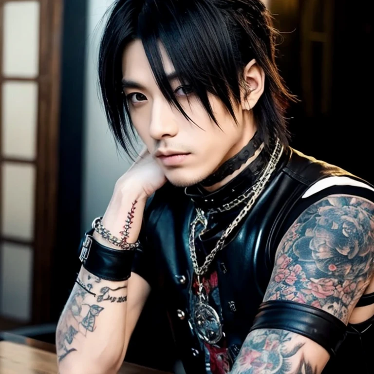 1 japanese male rocker, asien eyes, Visual Kai hairstyle, ultra detailed face, body and eyes, hyperrealistic, realistic representation, muscular, broad shoulders, tattoos gothic style, Visual Kei style, 30 years old, age 30, outfit gothic streampunk, men's shirt and black pants, rocker outfit, black and blond hair, full body 