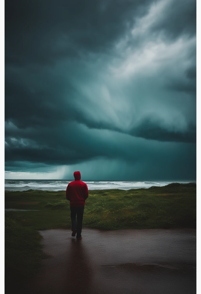 A person standing firm in the storm near a near from behind
