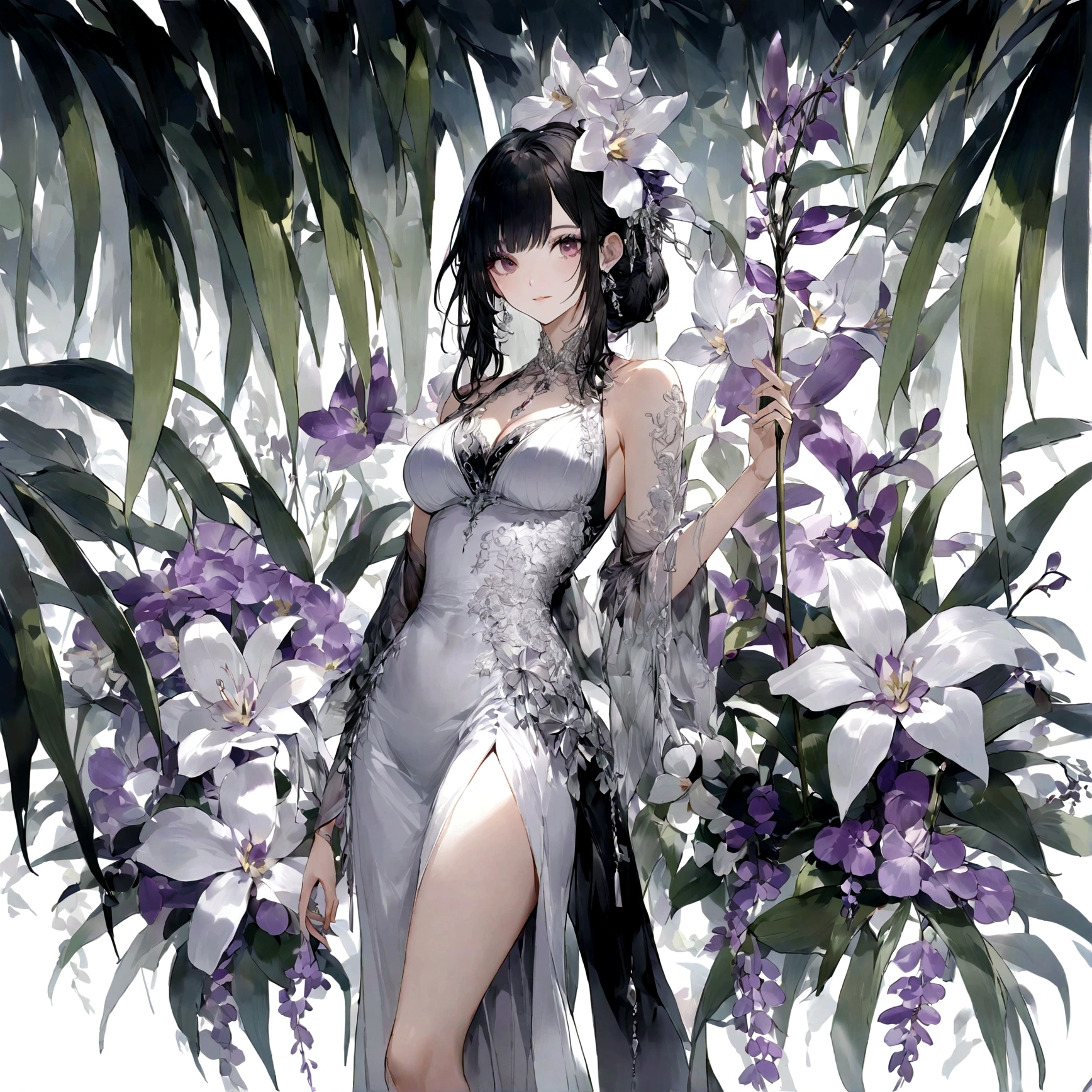 insect,ladybug,Zhuangzhou Mengdie,Black and white ink,Huge flowers,an orchid,summer