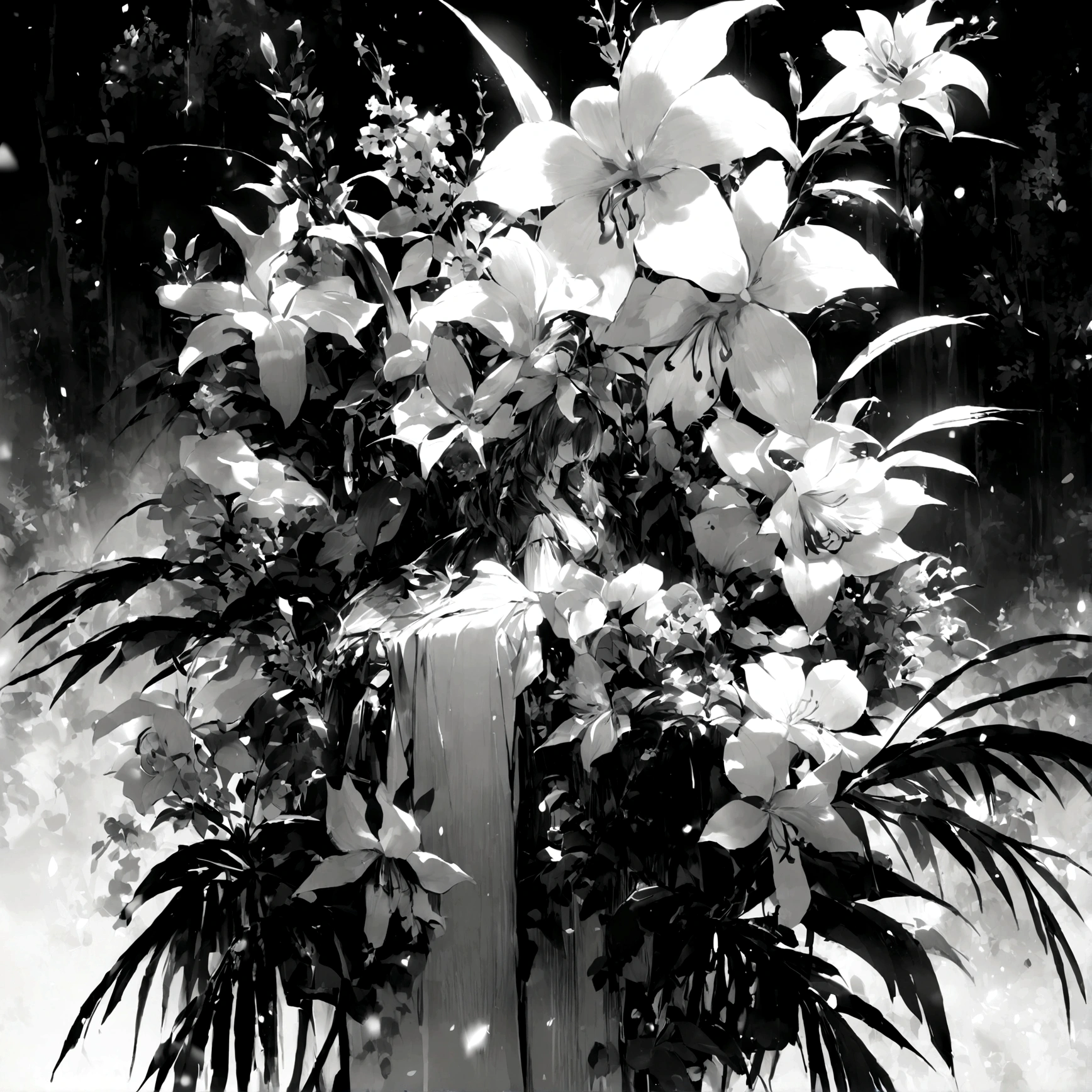insect,ladybug,Zhuangzhou Mengdie,Black and white ink,Huge flowers,an orchid,summer