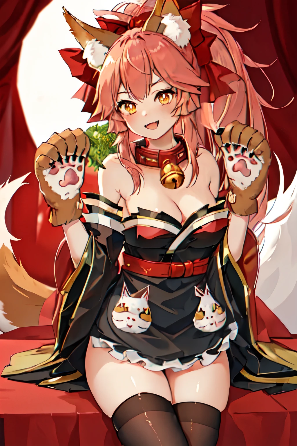 highest quality, masterpiece, High resolution, 一人in, {Tamamo_cin_FGO:1.15}, animal_ears, Fox_ears, length_hair, pink_hair, animal_hand, yellow_eye, ponytail, Bell, animal_ear_Fluff, chest, head_Bell, Fox_tail, tail, red面, Fox_girl, big_chest, Jingle_Bell, Open_mouth, bow, hair_bow, apron, 前hair, hair_between_eye, red_bow, Maid_Head ornament, tooth, smile, cin_feets, hair_ribbon, 1girl, collar, hand袋, Looking_in_Audience, Maid, Maid_apron, red_ribbon, ribbon, enMaided, tooths, feet_hand袋, alternine_Costumes