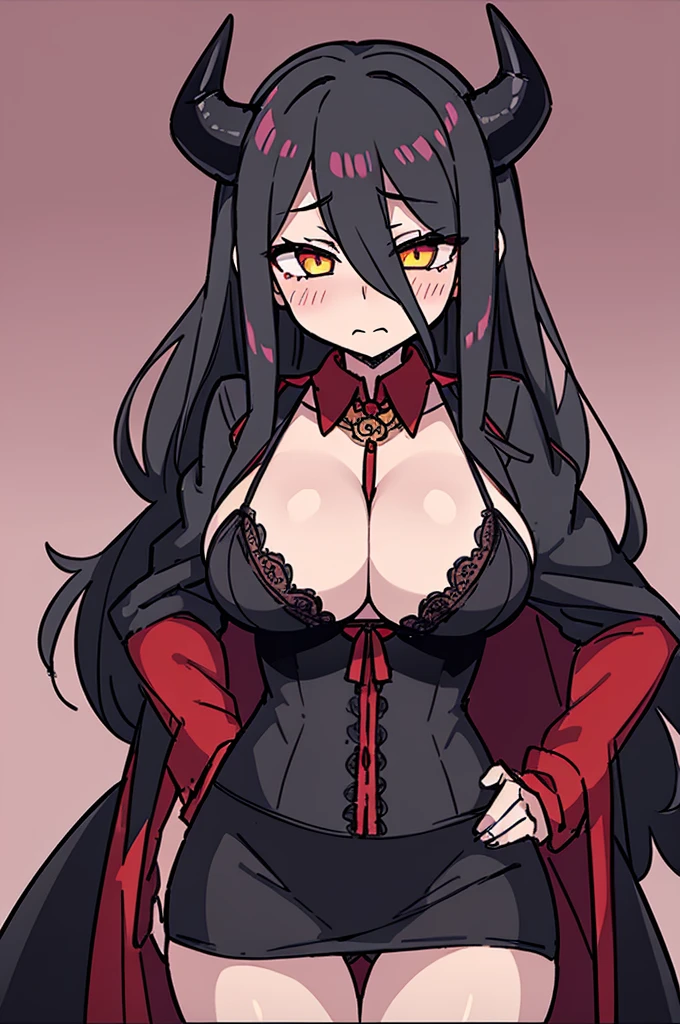 1girls big breasts black bra black panties blush bra breasts cleavage clothing demon demon girl demon horns female female only hair hair over one eye half-closed eyes hand on hip horns huge breasts lace lace trim lace-trimmed bra lace-trimmed panties lingerie long hair panties red hair solo solo female yellow eyes
