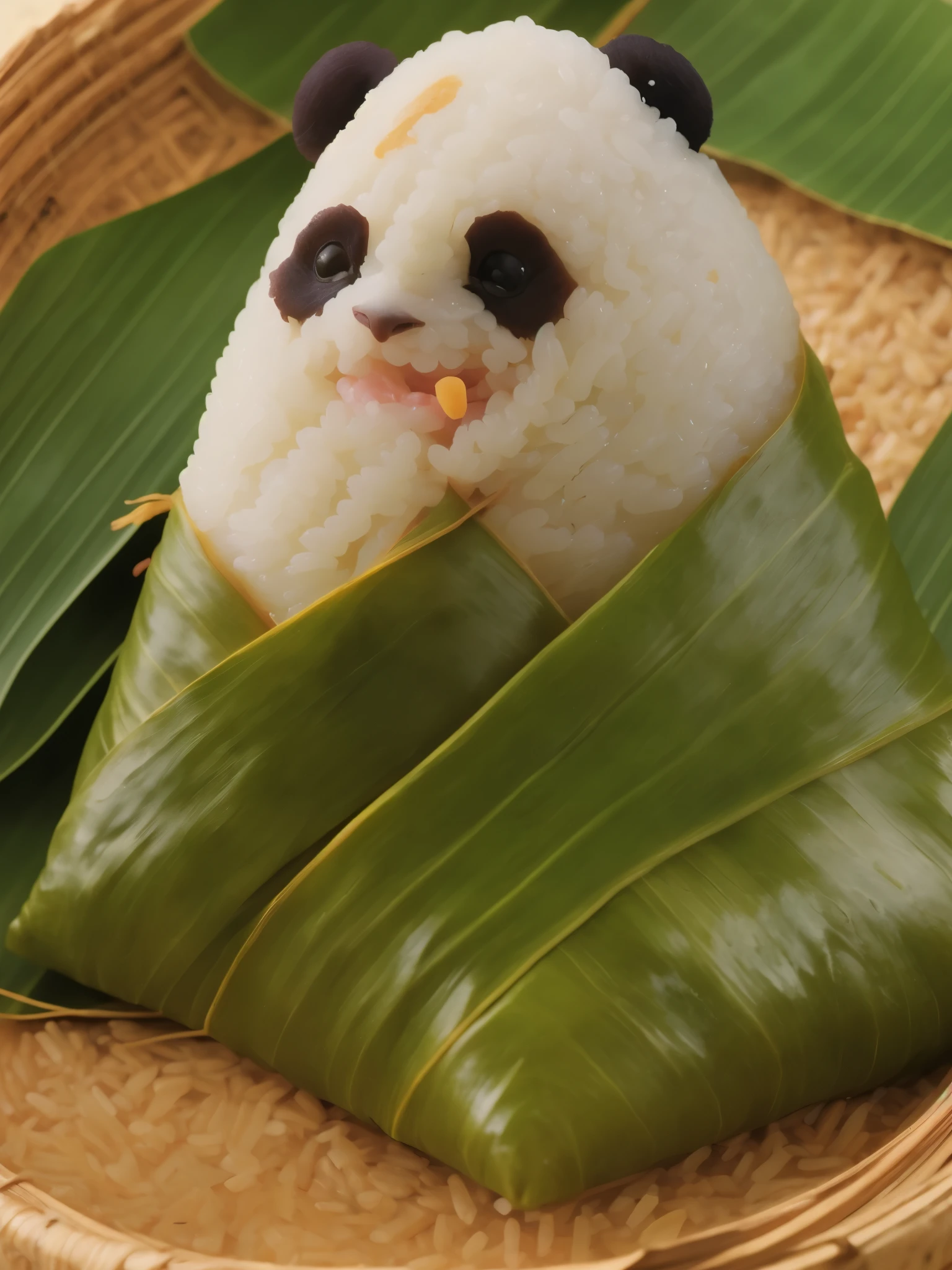 A panda-shaped zongzi, made of glutinous rice, has a cute expression, the lower half of the body is wrapped in tapered leaves, the head sticking out of the leaves, equidistant, cartoon-style, Macro Lens, studio light, nature, soft lighting, film grain, cowboy shot, epiCPhoto