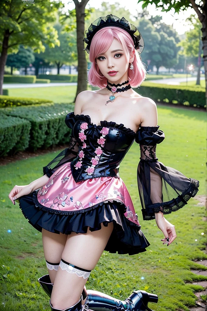 (nsfw), sexy stylish Swedish model, only 1 female, ((doll-like appearance)), short neon pink stylish hair, ((shiny Victorian-Style boots)), (big smile), ultra detailed eyes, vivid eye makeup, lip-gloss, long lashes, defined eyebrows, ((sexy Paradise Kiss cosplay)), bell-shaped skirt, petticoats, high neckline, puffed sleeves, ((ultra detailed lace)), ((ultra detailed embroidery)), intricate details, Paradise Kiss accessoires and matching headpiece, choker, ((large sparkling Paradise Kiss jewelry)), cinematic light, detailed large park background with trees