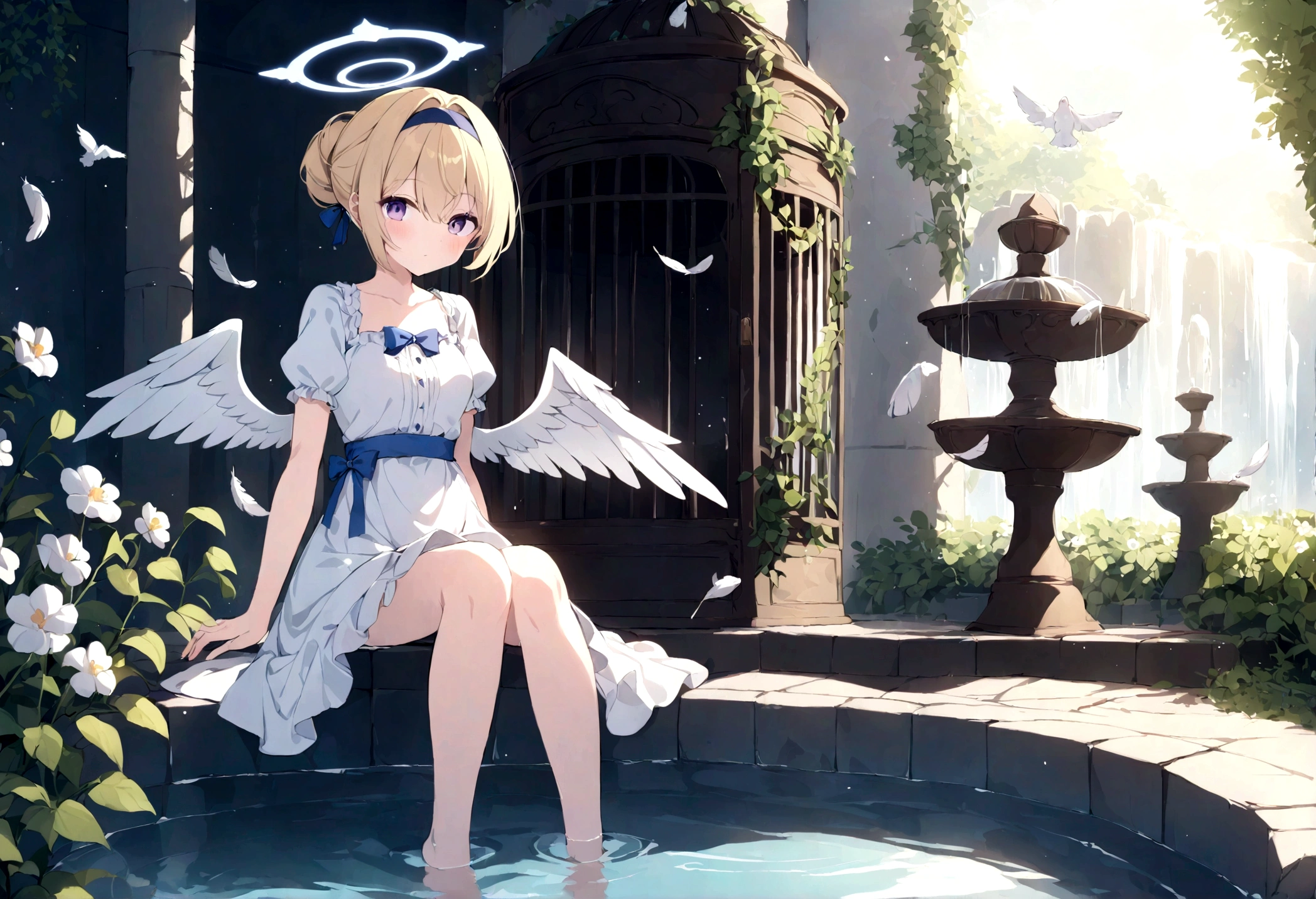 feathers, rating:safe, white_feathers, feathered_wings, 1girl, white_wings, short hair, hair up, tied hair,, angel_wings, halo, wings, angel, solo, dress, sitting, dove, blonde_hair, purple_eyes, eyebrows_visible_through_hair, water, bangs, bow, looking_at_viewer, closed_mouth, hair_between_eyes, short_sleeves, hair_intakes, day, blush, flower, barefoot, frills, breasts, hairband, puffy_short_sleeves, indoors, full_body, blue_bow, white_dress, soaking_feet, animal, outdoors, hair_bow, birdcage, cage, blue_dress, small_breasts, hair_ornament, backlighting, puffy_sleeves, frilled_dress, sunlight, reflection, sky, fountain, white_flower, sunbeam, waterfall