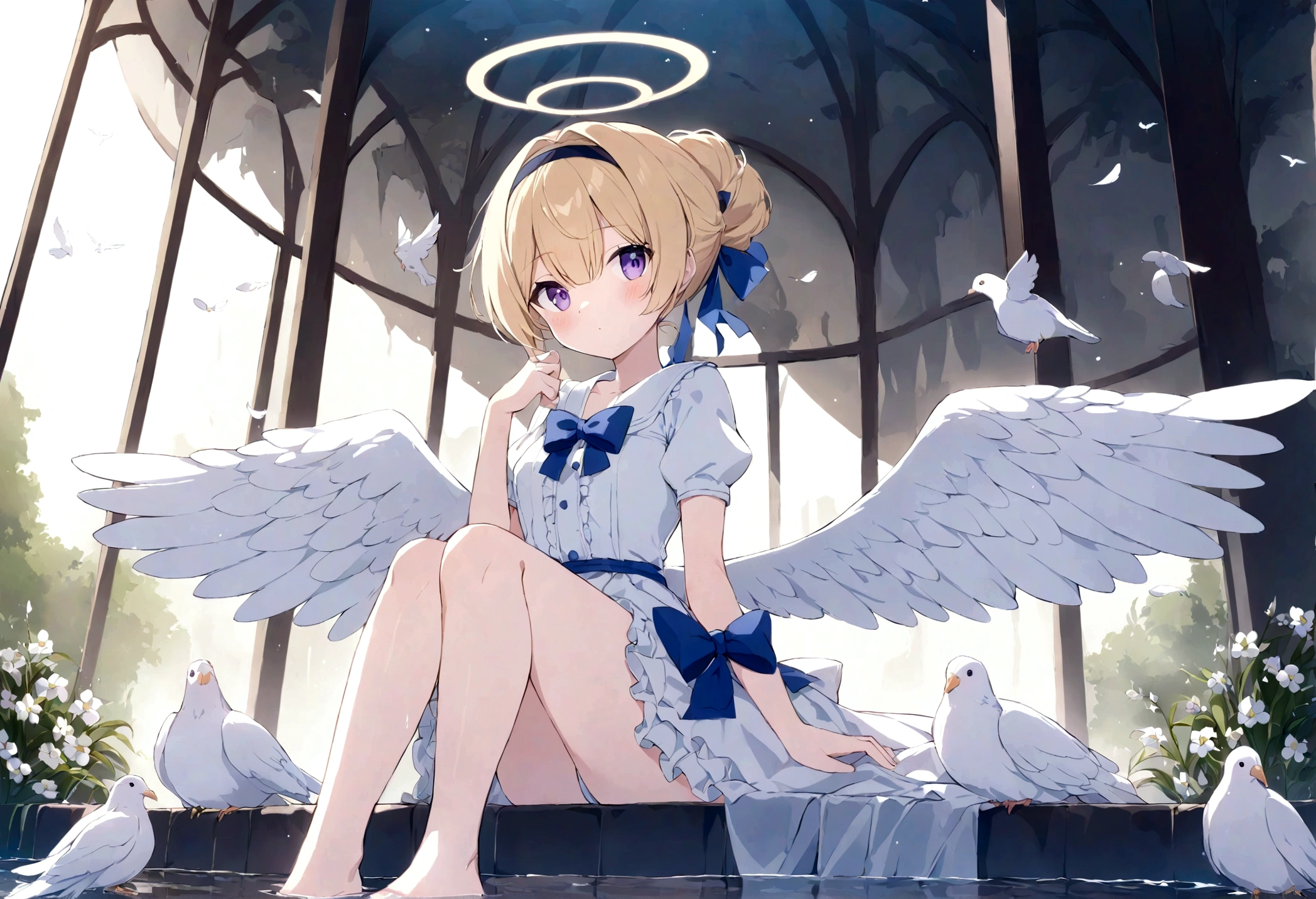 feathers, rating:safe, white_feathers, feathered_wings, 1girl, white_wings, short hair, hair up, tied hair,, angel_wings, halo, wings, angel, solo, dress, sitting, dove, blonde_hair, purple_eyes, eyebrows_visible_through_hair, water, bangs, bow, looking_at_viewer, closed_mouth, hair_between_eyes, short_sleeves, hair_intakes, day, blush, flower, barefoot, frills, breasts, hairband, puffy_short_sleeves, indoors, full_body, blue_bow, white_dress, soaking_feet, animal, outdoors, hair_bow, birdcage, cage, blue_dress, small_breasts, hair_ornament, backlighting, puffy_sleeves, frilled_dress, sunlight, reflection, sky, fountain, white_flower, sunbeam, waterfall