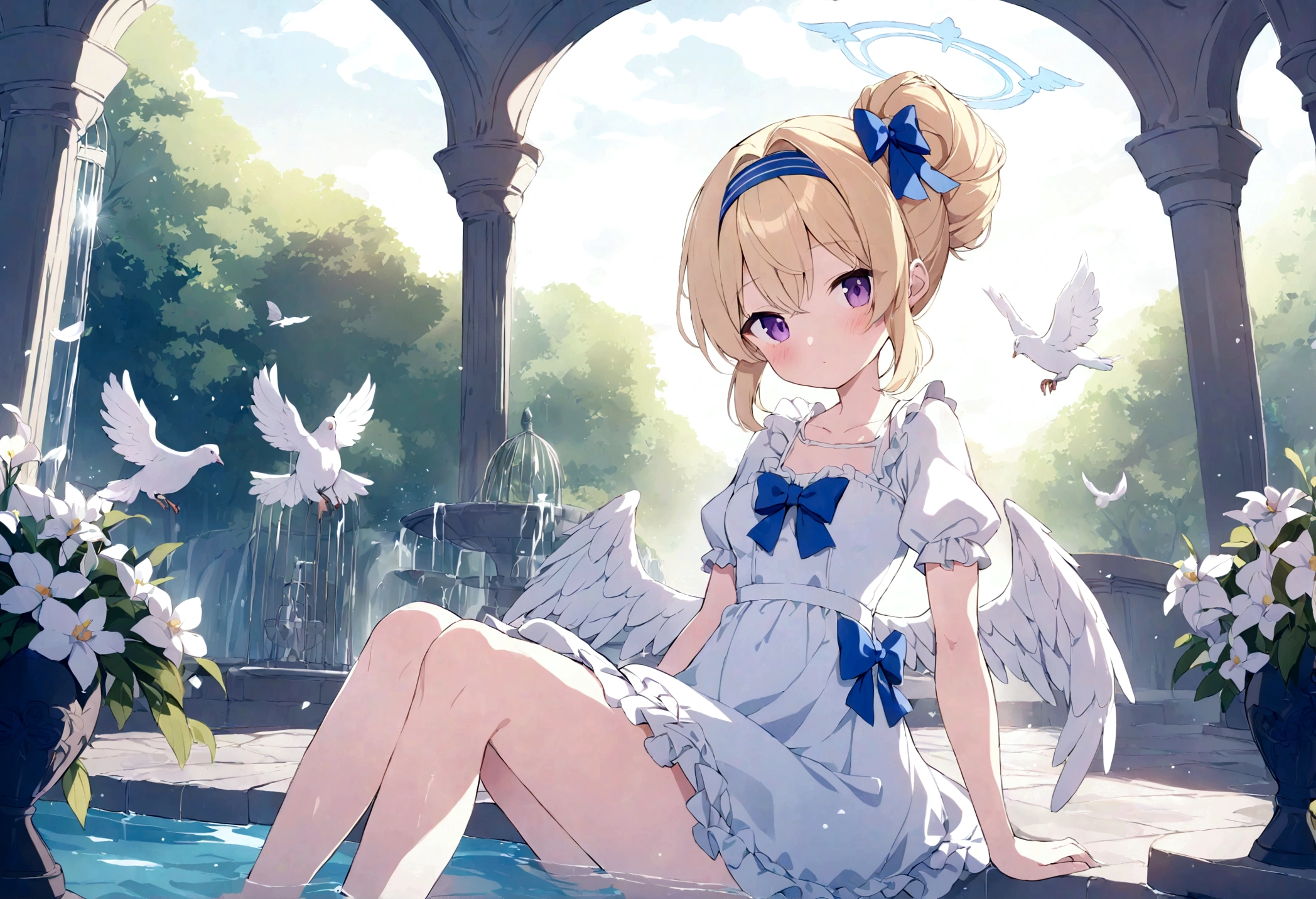 feathers, rating:safe, white_feathers, feathered_wings, 1girl, white_wings, short hair, hair up, tied hair,, angel_wings, halo, wings, angel, solo, dress, sitting, dove, blonde_hair, purple_eyes, eyebrows_visible_through_hair, water, bangs, bow, looking_at_viewer, closed_mouth, hair_between_eyes, short_sleeves, hair_intakes, day, blush, flower, barefoot, frills, breasts, hairband, puffy_short_sleeves, indoors, full_body, blue_bow, white_dress, soaking_feet, animal, outdoors, hair_bow, birdcage, cage, blue_dress, small_breasts, hair_ornament, backlighting, puffy_sleeves, frilled_dress, sunlight, reflection, sky, fountain, white_flower, sunbeam, waterfall