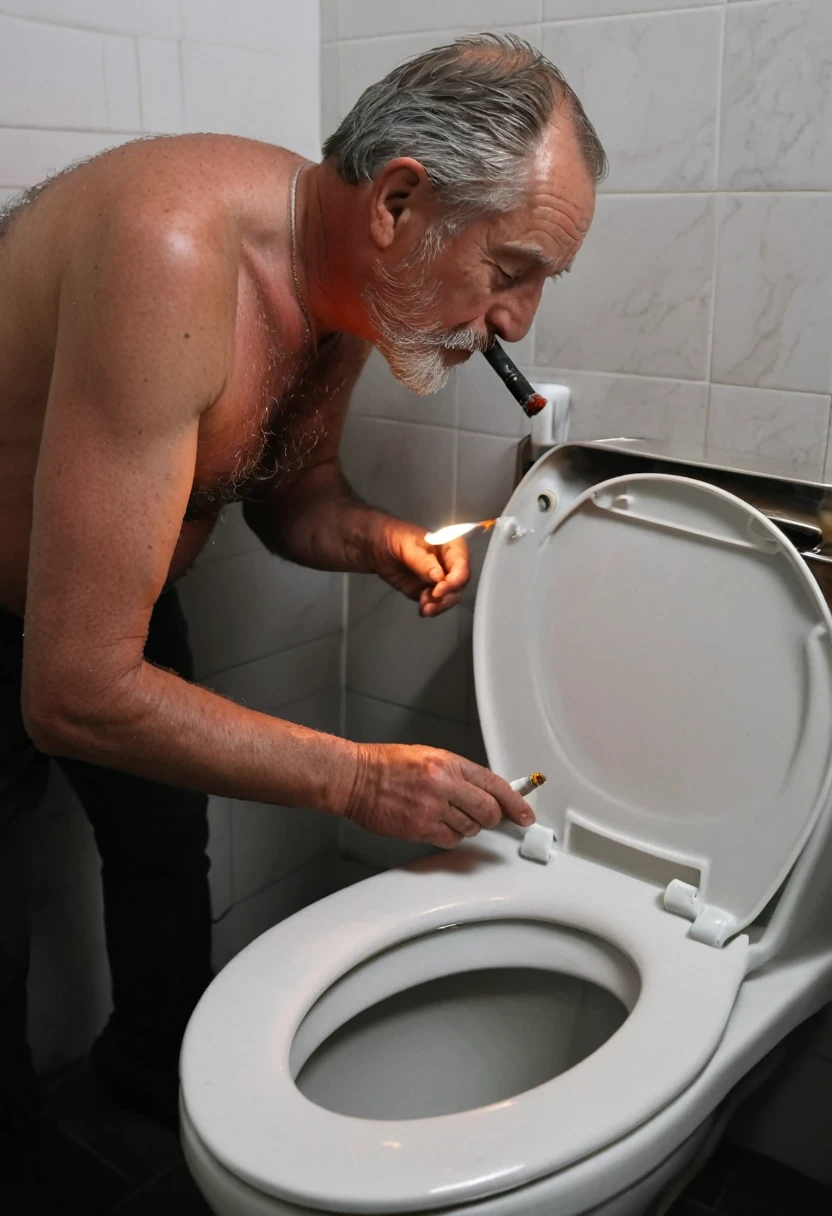 A 60-year-old man lighting a cigarette with a torch in the toilet