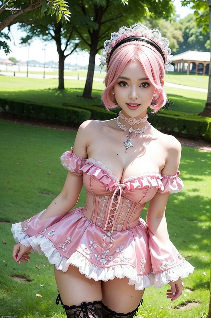 (nsfw), sexy stylish Swedish model, only 1 female, ((doll-like appearance)), short neon pink stylish hair, ((shiny Victorian-Style boots)), (big smile), ultra detailed eyes, vivid eye makeup, lip-gloss, long lashes, defined eyebrows, ((sexy Paradise Kiss cosplay)), bell-shaped skirt, petticoats, high neckline, puffed sleeves, ((ultra detailed lace)), ((ultra detailed embroidery)), intricate details, Paradise Kiss accessoires and matching headpiece, choker, ((large sparkling Paradise Kiss jewelry)), cinematic light, detailed large park background with trees