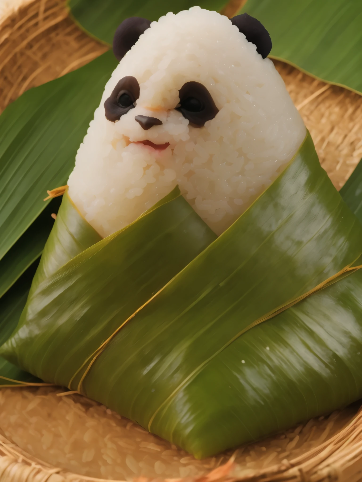 A panda-shaped zongzi, made of glutinous rice, has a cute expression, the lower half of the body is wrapped in tapered leaves, the head sticking out of the leaves, equidistant, cartoon-style, Macro Lens, studio light, nature, soft lighting, film grain, cowboy shot, epiCPhoto