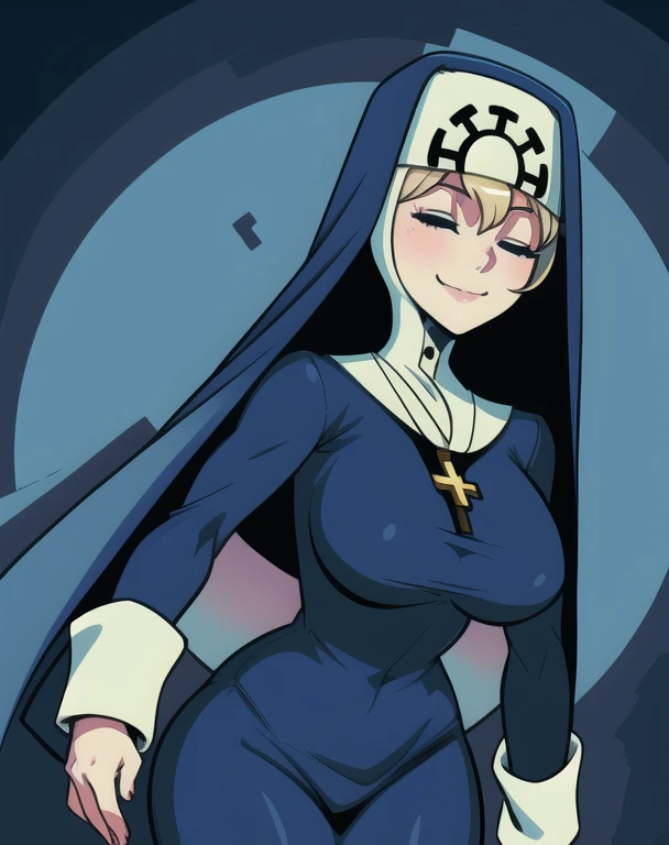 Double, short blonde hair, medium breasts, solo, smiling, cowboy shot, closed eyes,
blue habit, cross necklace ,long sleeves, nun,
(insanely detailed, beautiful detailed face,beautiful detailed eyes, masterpiece, best quality) church,