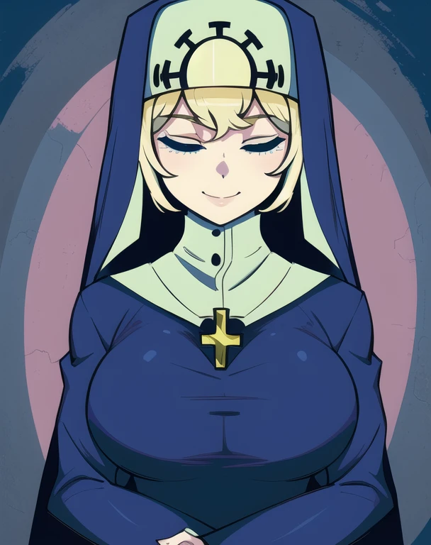 Double, short blonde hair, medium breasts, solo, smiling, cowboy shot, closed eyes, 
 blue habit, cross necklace ,long sleeves, nun, 
(insanely detailed, beautiful detailed face,beautiful detailed eyes, masterpiece, best quality) church,
   