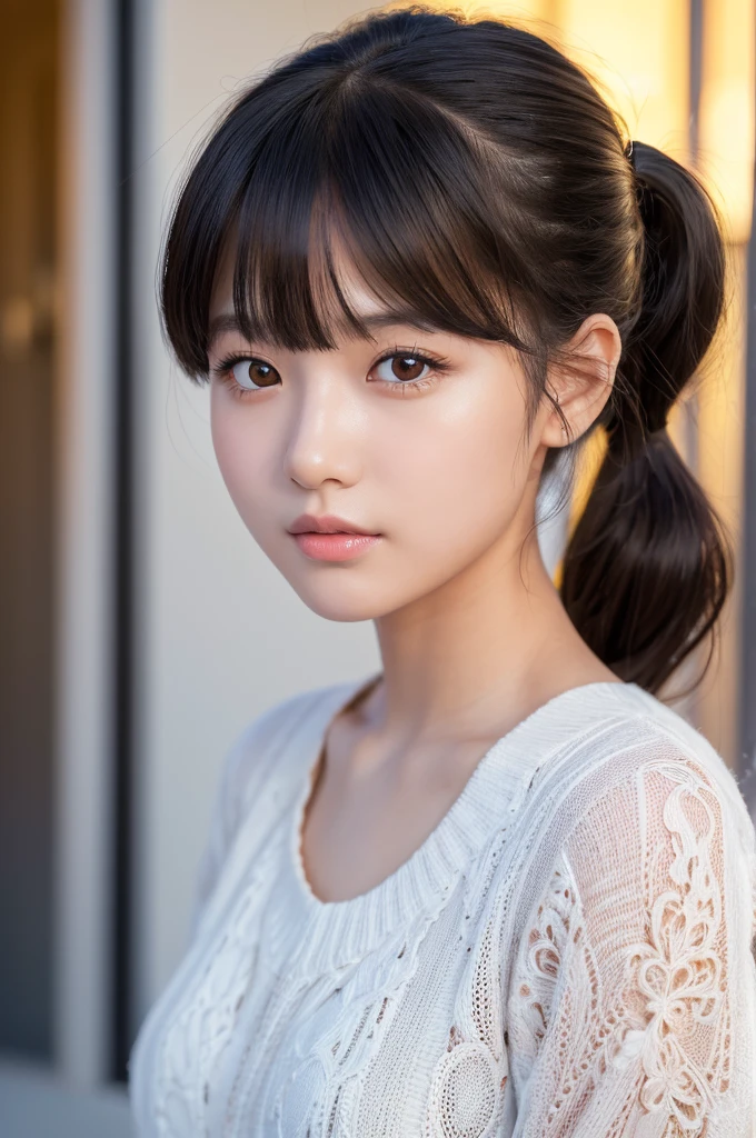 (High resolution:1.3), (16k, Photorealistic, Raw photo, Best image quality: 1.4), Japanese, (One Girl), Beautiful Face, (A vivid face), (Black-haired、1Two long ponytails:1.3、bangs:1.2), (Black Eyes 1.3), Beautiful Hairstyles, Realistic eyes, Beautifully detailed eyes, (Realistic Skin), Beautiful skins, attractive, 超A high resolution, Surreal, High detail, Golden Ratio, Highly detailed cute girl,(20-year-old)