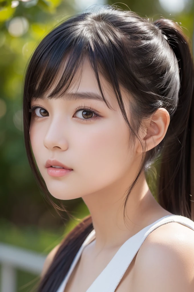 (High resolution:1.3), (16k, Photorealistic, Raw photo, Best image quality: 1.4), Japanese, (One Girl), Beautiful Face, (A vivid face), (Black-haired、１Two long ponytails:1.3、bangs:1.2), (Black Eyes 1.3), Beautiful Hairstyles, Realistic eyes, Beautifully detailed eyes, (Realistic Skin), Beautiful skins, attractive, 超A high resolution, Surreal, High detail, Golden Ratio, Highly detailed cute girl,(20-year-old)