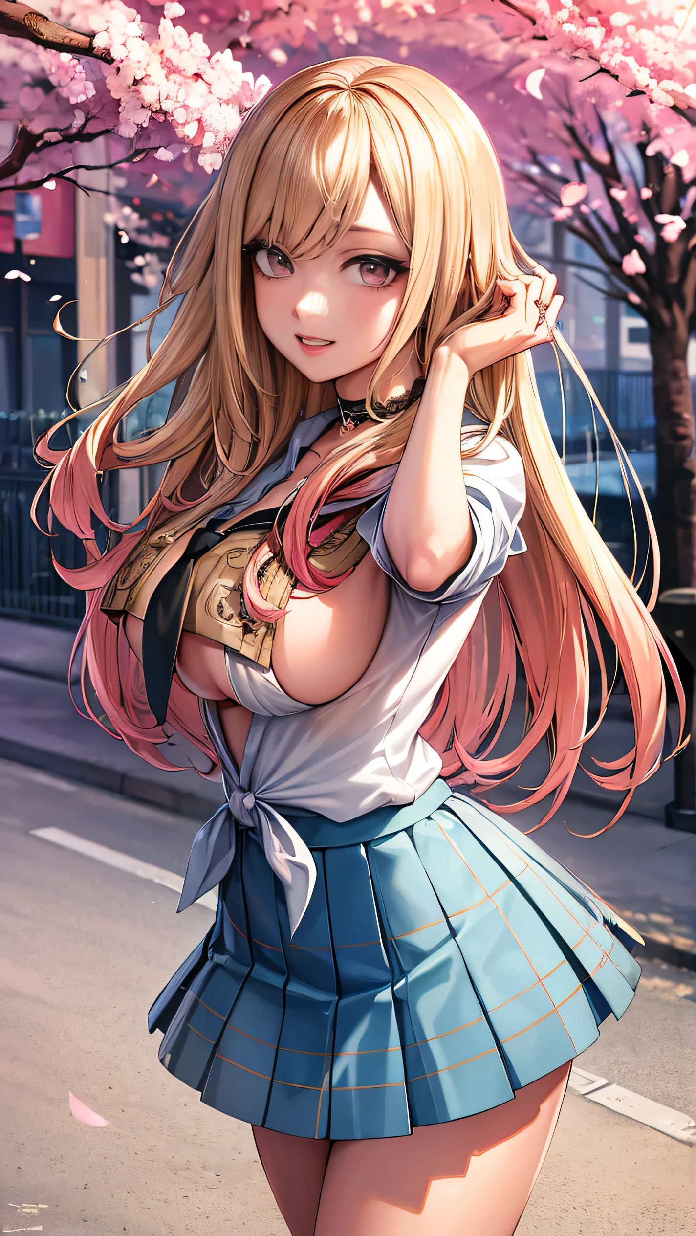 (anime style),masterpiece, best quality, ultra-detailed, glistening shiny, glowing light, ray tracing, HDR, deph of field, (perfect face, detailed face, detailed eyes),(medium boobs:1.2),8k,HD,ultra realistic face,ray tracing,perfect lighting,best quality, ultra-detailed, shiny eyes, (looking at viewer,sensual smile:1.1), ((1girl)), (gyaru, mature female:1.4),hourglass_body shape,
marin,long hair,((gradient hair)),multicolored eyes, gradient eyes, (glowing eyes:1.1), mascara, (fashion make up), parted lips,skirt, shirt, jewelry, , white shirt, pleated skirt, earrings, necktie, choker, grin, bracelet, blue skirt, plaid,black choker, plaid skirt, piercing, ear piercing, bright pupils,tied shirt, bead bracelet,
((school, school gate, cherry trees, cherry blossoms, flying petals)),complex background,((super detailed background)), sensual poses((8k wall paper)), ((8k wallpaper)) ,