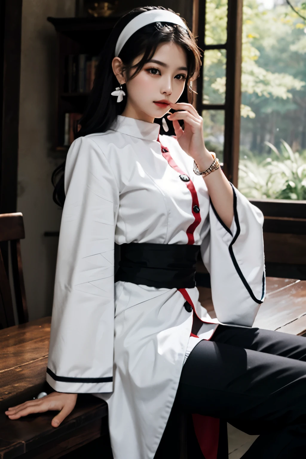 best quality,masterpiece,highres,original,extremely detailed wallpaper,perfect lighting,extremely detailed CG,perfect_photography.txt,
chizurums,hairband,jewelry,earrings,wide sleeves,long sleeves,buttons,high heels,sash,bracelet,black pants,