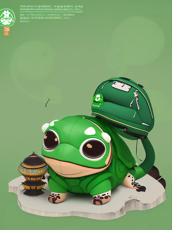 Green mascot, It has eight rising cultural characteristics, Unique features,The background is a real city scene, A cute image that fits the times, A cute turtle with great affinity and communication skills ,Carrying a mountaineering backpack, Chinese style cartoons, modern Art, Ultra HD