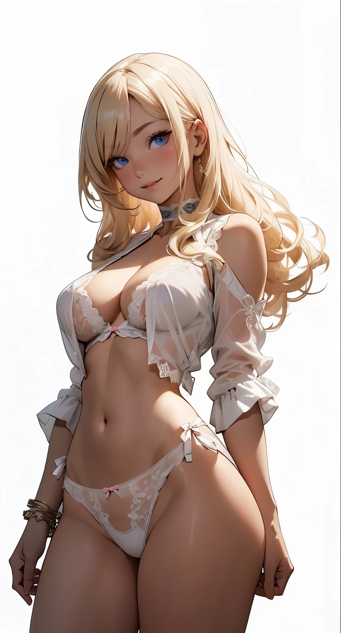 (Animation style), (Lace underwear:1.2),No skirt,masterpiece, the best quality, extremely detailed, sparkling, glowing lights, 1girl,(perfect face, meticulous face, meticulous eyes), breasts, solo, blonde hair, navel, long hair, white background, blue eyes, simple background, open clothes, looking at viewer, smile, choker, white shirt, blush, medium breasts, cleavage, gyaru, stomach, thighs, bikini top only,