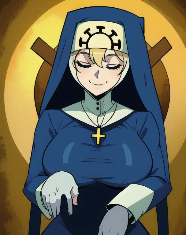 Double, short blonde hair, medium breasts, solo, smiling, cowboy shot, closed eyes,
blue habit, cross necklace ,long sleeves, nun,
(insanely detailed, beautiful detailed face,beautiful detailed eyes, masterpiece, best quality) church,