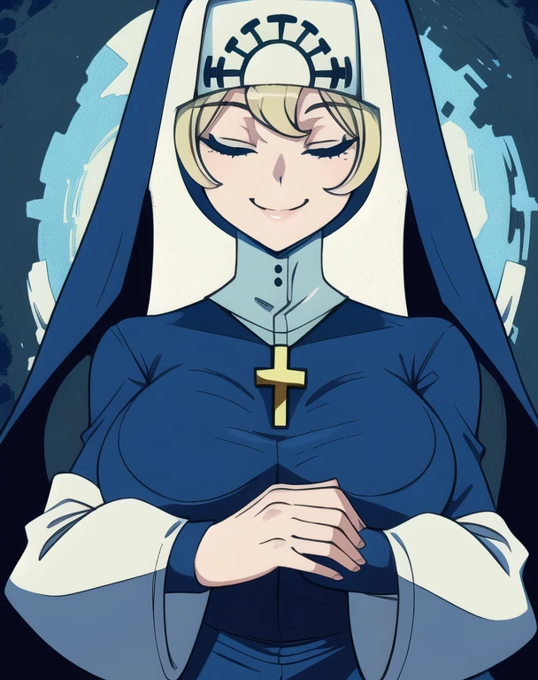 Double, short blonde hair, medium breasts, solo, smiling, cowboy shot, closed eyes,
blue habit, cross necklace ,long sleeves, nun,
(insanely detailed, beautiful detailed face,beautiful detailed eyes, masterpiece, best quality) church,