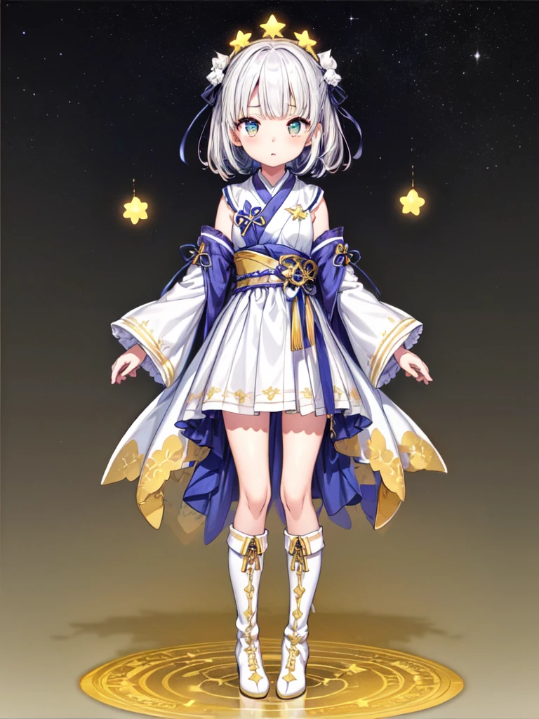 (((1girl)))、starの妖精、vtuber-fullbody、(((highest quality、Masterpiece、The best composition、Golden Ratio、Official Art、Super detailed、Super detailedな目)))、ultra detailed, from front, headshot、 White hair color、Short bangs above eyebrows、Short Hair、Standing in front of the viewer、着物とゴスロリをリメイクしたMilky Way柄の洋服、The sleeves are long and the hands are hidden、Knee-high boots、Pure white simple background、star、Milky Way、universe、流star群、